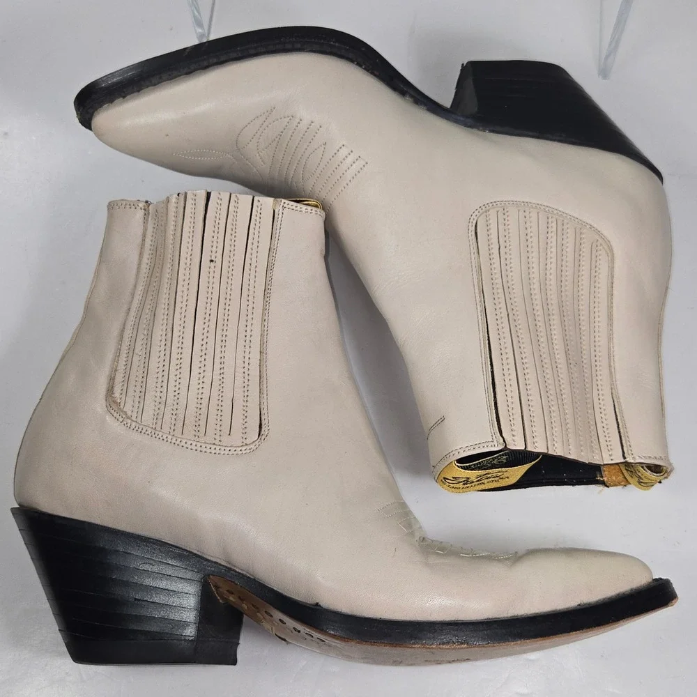 Botas Jaca Cream Leather Western Ankle Boots Pointed Toe Made in Mexico Size 5.5